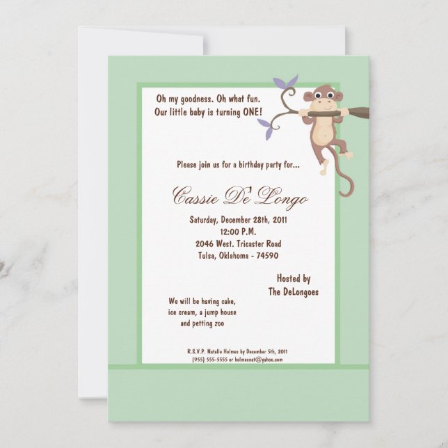 Invitación a la fiesta de cumpleaños del mono verd (Anverso)