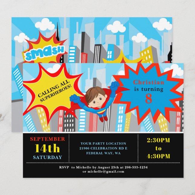 Invitación a la fiesta de cumpleaños del niño supe (Anverso / Reverso)
