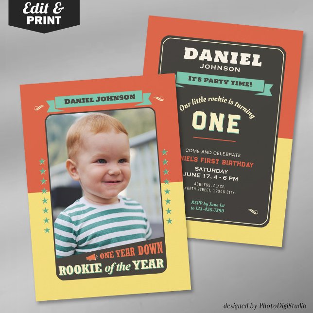 Invitación a la fiesta de cumpleaños del novato de (Editable Rookie of the Year First Birthday Party Invitation)