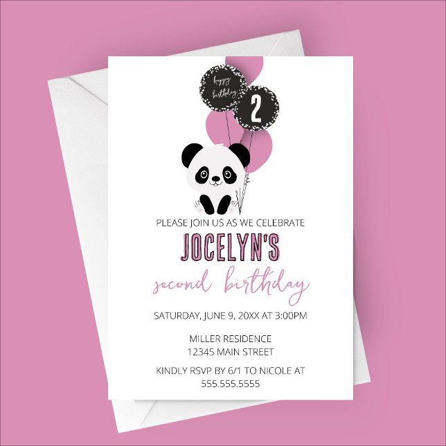 Invitación a la fiesta de cumpleaños del oso panda (Minimalist Panda Birthday Party Invitation with Pink Balloons)