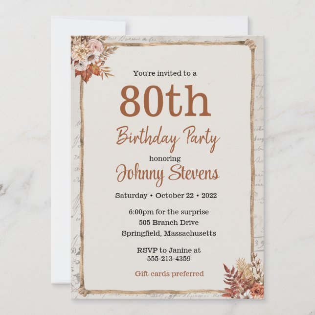 Invitación a la fiesta de cumpleaños del otoño en  (Anverso)
