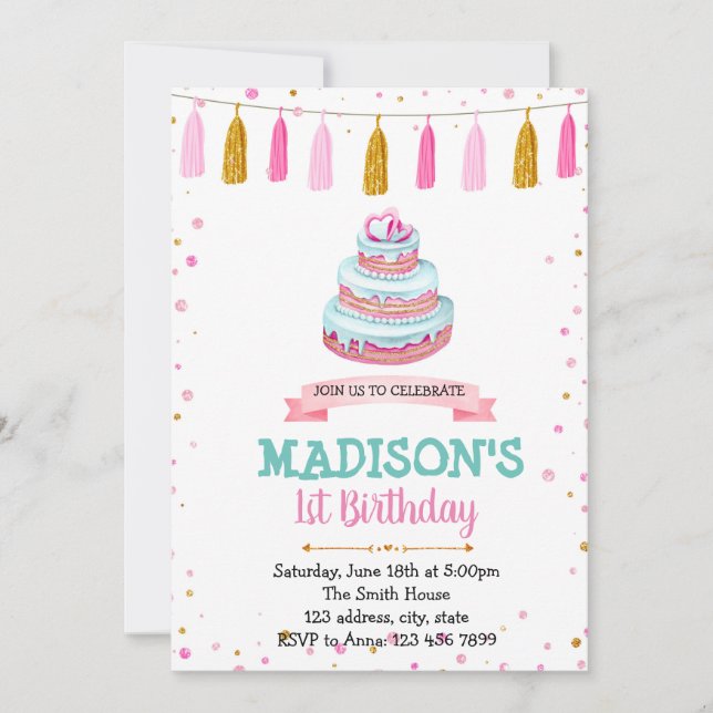Invitación a la fiesta de cumpleaños del pastel (Anverso)