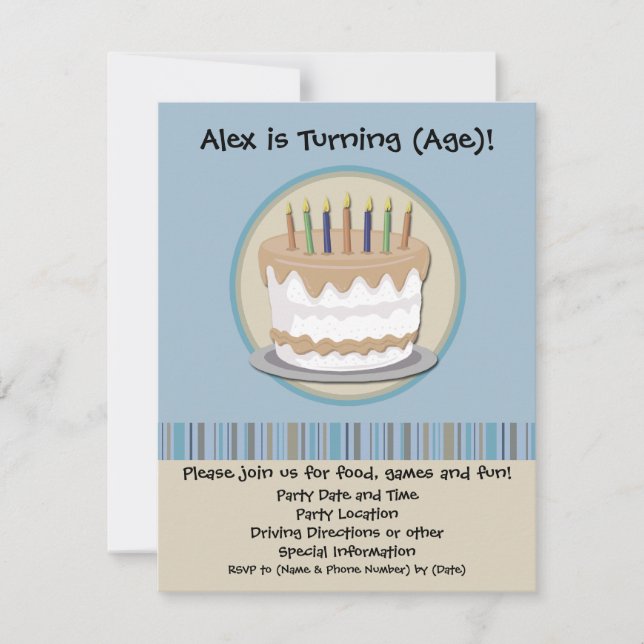 Invitación a la fiesta de cumpleaños del pastel az (Anverso)