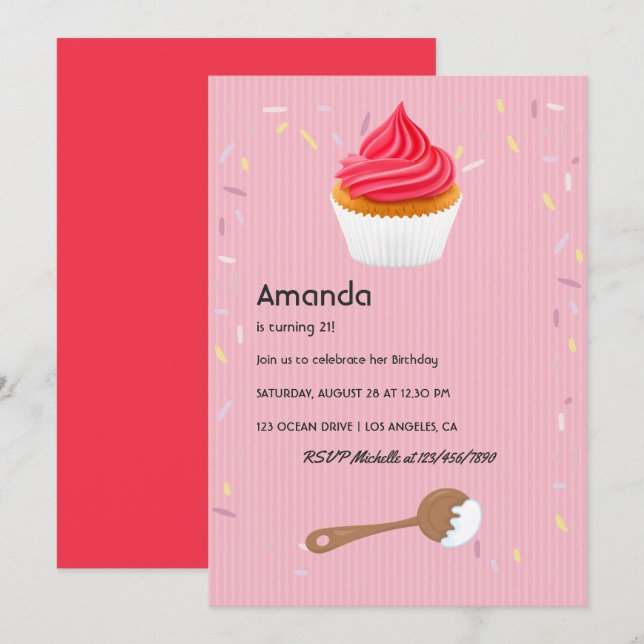 Invitación a la fiesta de cumpleaños del pastel ro (Anverso / Reverso)