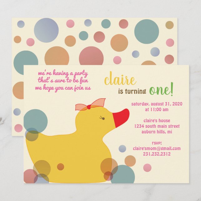 Invitación a la fiesta de cumpleaños del pato amar (Anverso / Reverso)