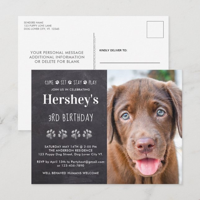 Invitación a la fiesta de cumpleaños del perro con (Anverso / Reverso)