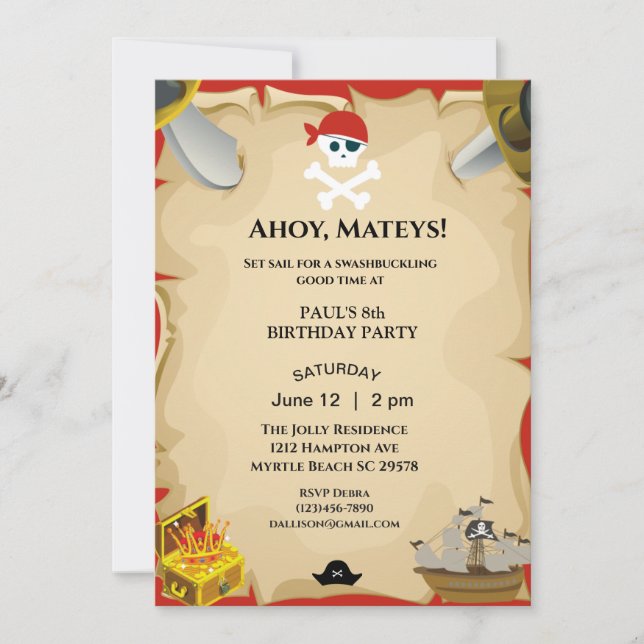 Invitación a la fiesta de cumpleaños del pirata (Anverso)