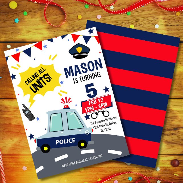 Invitación a la fiesta de cumpleaños del policía (Celebrate your little hero’s big day with our police-themed birthday invitation! Perfect for future )