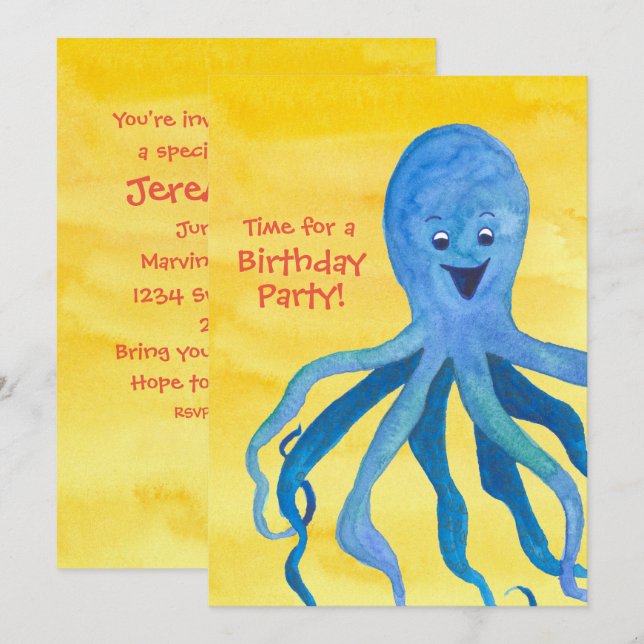 Invitación a la fiesta de cumpleaños del pulpo azu (Anverso / Reverso)