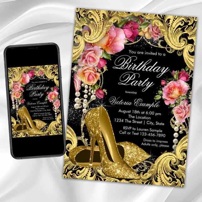 Invitación a la fiesta de cumpleaños del Purpurina (Gold high heel shoe birthday party invitation with gold shoes on a beautiful coral gold background.)