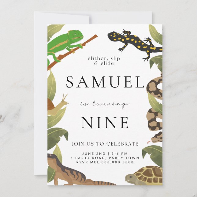 Invitación a la fiesta de cumpleaños del reptil (Anverso)