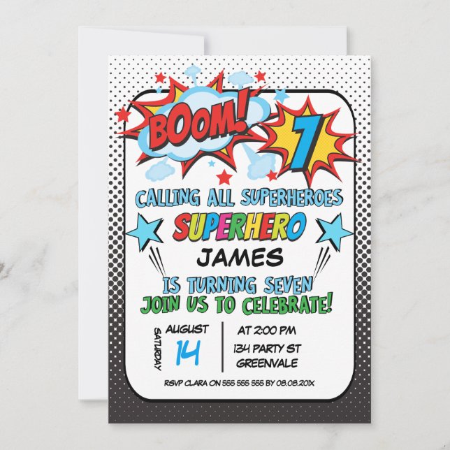 Invitación a la fiesta de cumpleaños del superhéro (Anverso)