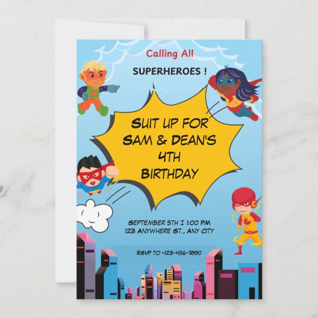 Invitación a la fiesta de cumpleaños del superhéro (Anverso)