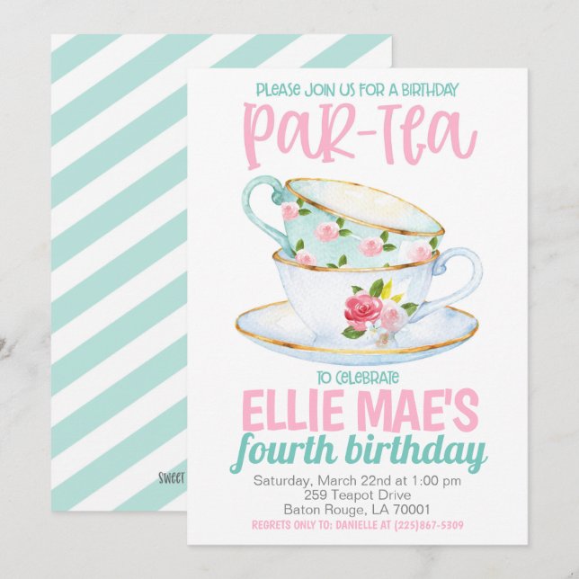 Invitación a la fiesta de cumpleaños del té (Anverso / Reverso)