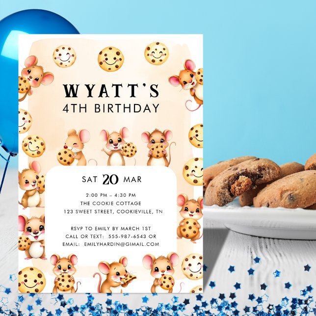Invitación a la fiesta de cumpleaños del tema del  (Mouse and Cookie Theme Birthday Party Invite)