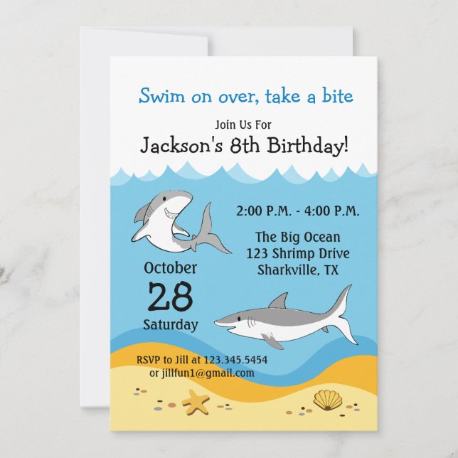 Invitación a la fiesta de cumpleaños del tiburón (Anverso)