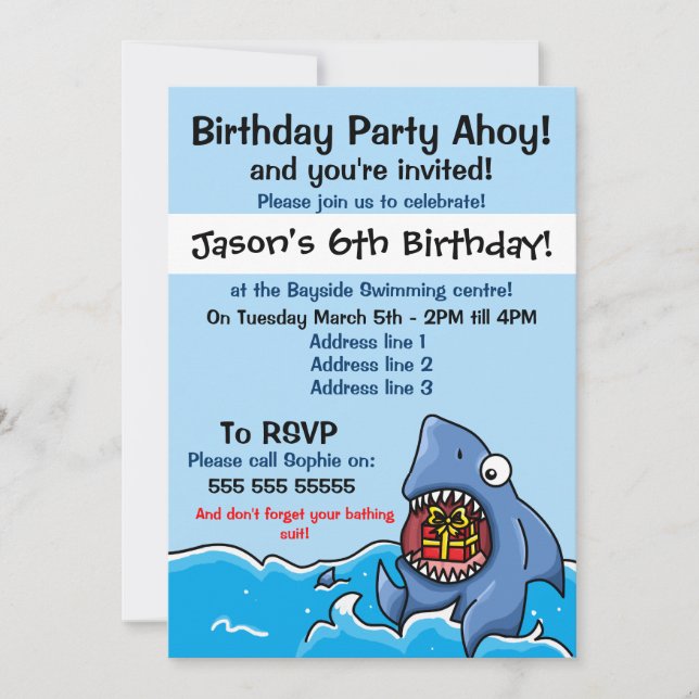 Invitación a la fiesta de cumpleaños del tiburón (Anverso)