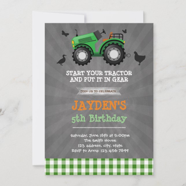 Invitación a la fiesta de cumpleaños del tractor v (Anverso)