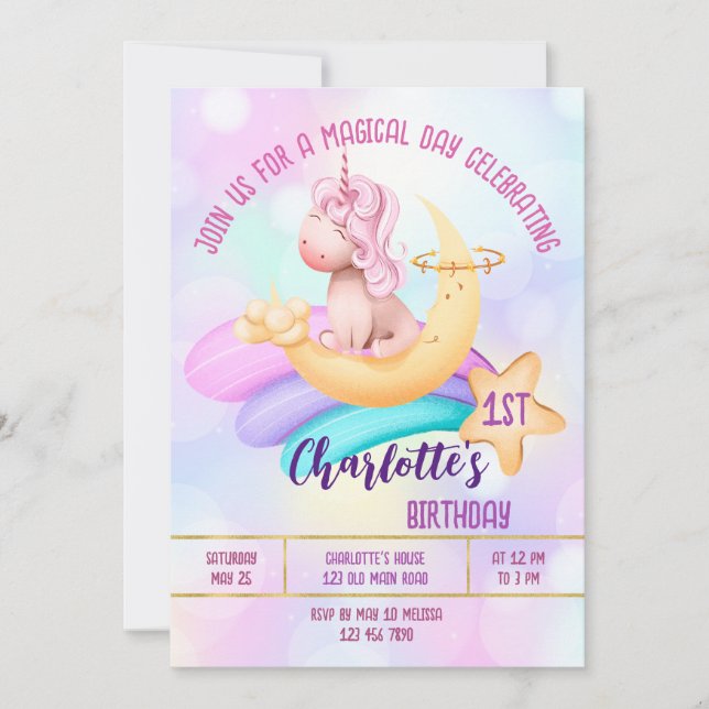 Invitación a la fiesta de cumpleaños del unicornio (Anverso)