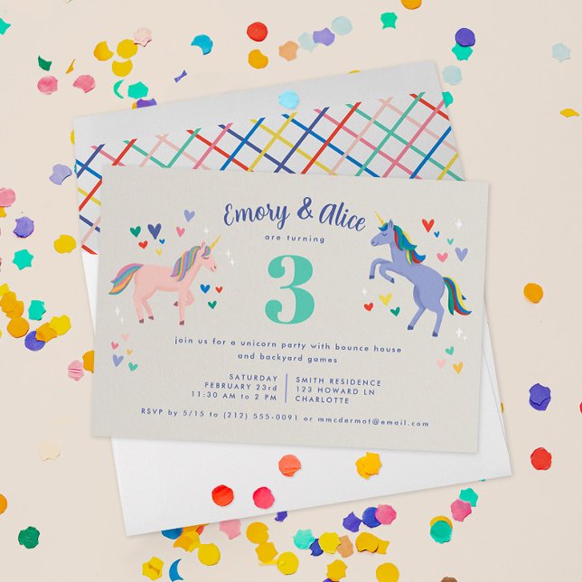 Invitación a la fiesta de cumpleaños doble de Unic (double the magic with a unicorn theme birthday party celebrating two special girls)
