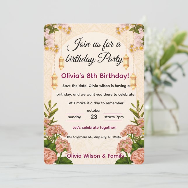 Invitación a la fiesta de cumpleaños elegante flor (Anverso de pie)