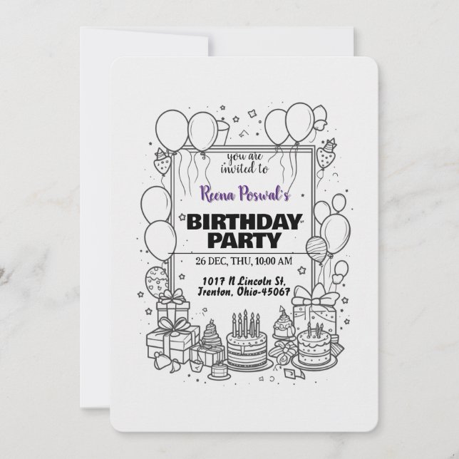 Invitación a la fiesta de cumpleaños en blanco y n (Anverso)