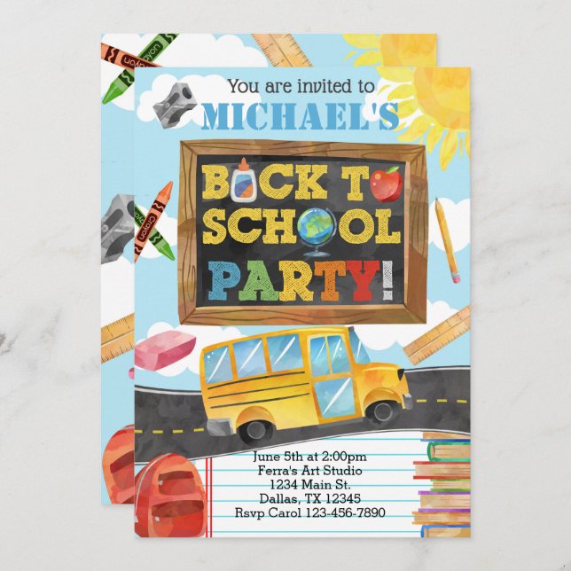 Invitación a la fiesta de cumpleaños en la escuela (Anverso / Reverso)