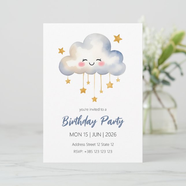 Invitación a la fiesta de cumpleaños en la nube de (Anverso de pie)