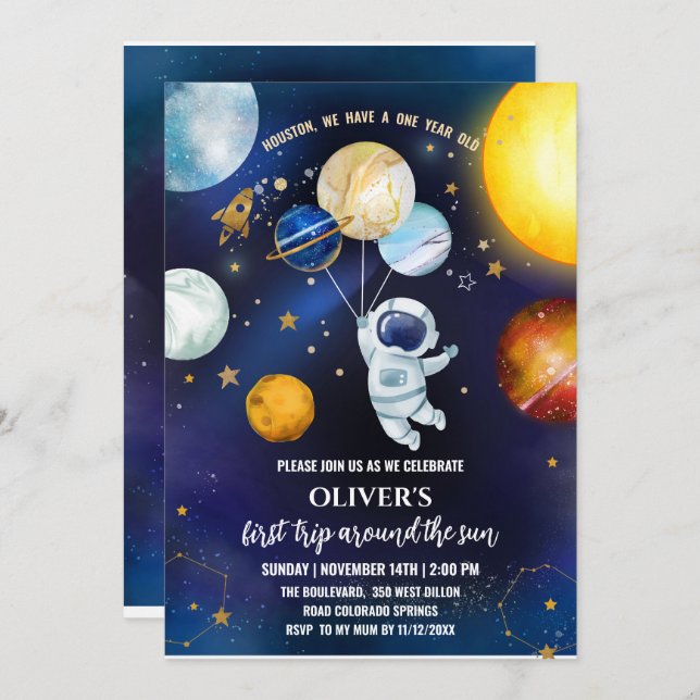Invitación a la fiesta de cumpleaños espacial (Anverso / Reverso)