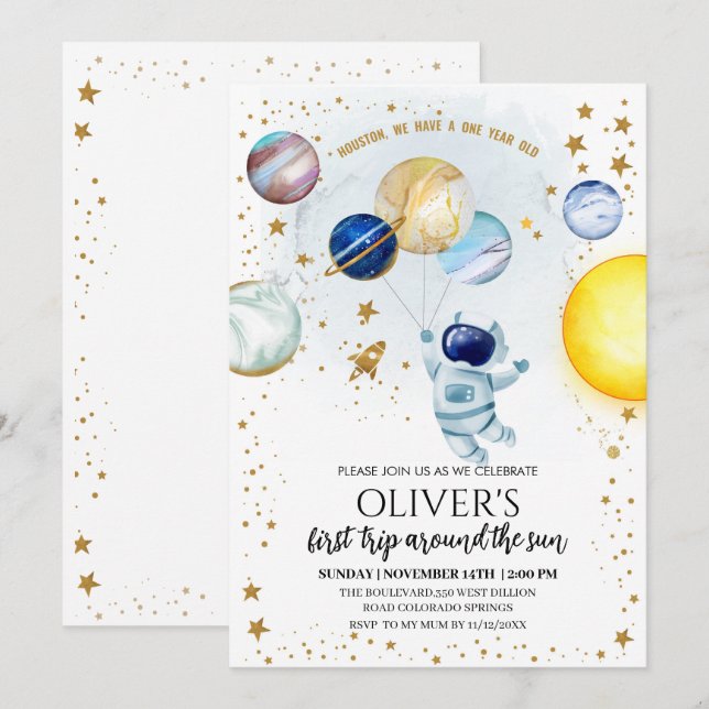 Invitación a la fiesta de cumpleaños espacial (Anverso / Reverso)