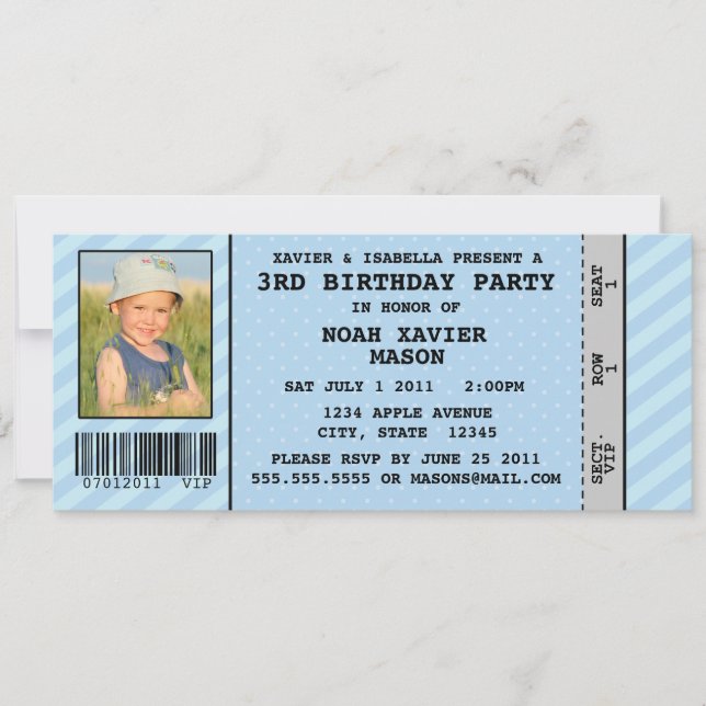 Invitación a la fiesta de cumpleaños estilo boleto (Anverso)