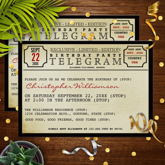 Invitación a la fiesta de cumpleaños estilo Telegr (Subido por el creador)