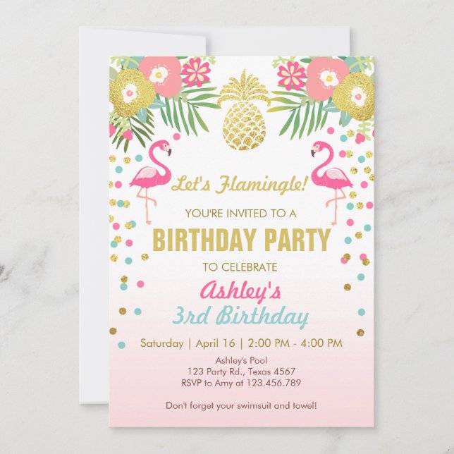 Invitación a la fiesta de cumpleaños Flamingo Trop (Anverso)
