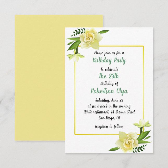 Invitación a la fiesta de cumpleaños floral amaril (Anverso / Reverso)