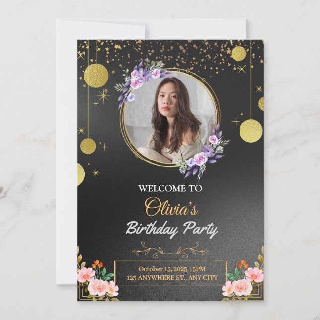 Invitación a la fiesta de cumpleaños floral Black  (Anverso)