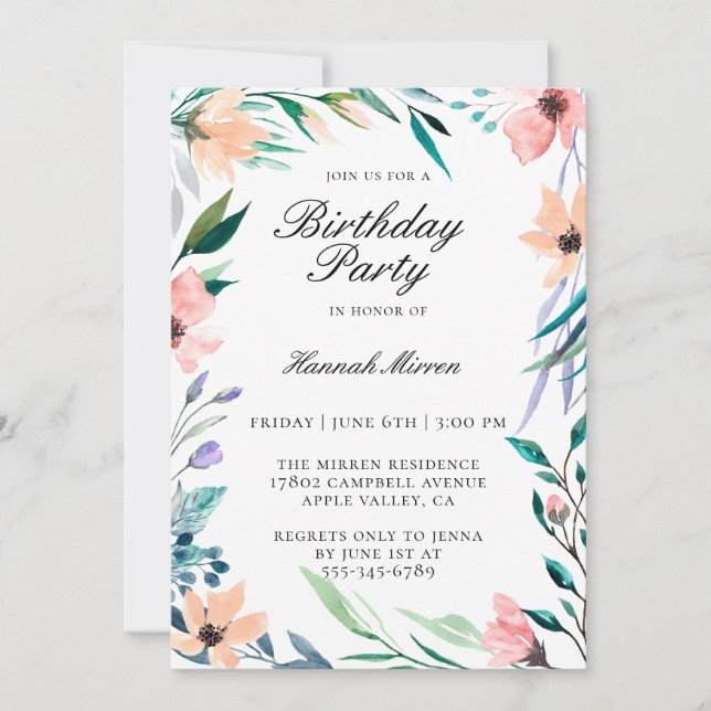 Invitación a la fiesta de cumpleaños floral de bon (Anverso)