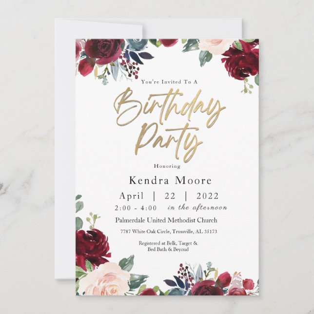 Invitación a la fiesta de cumpleaños floral de Bor (Anverso)