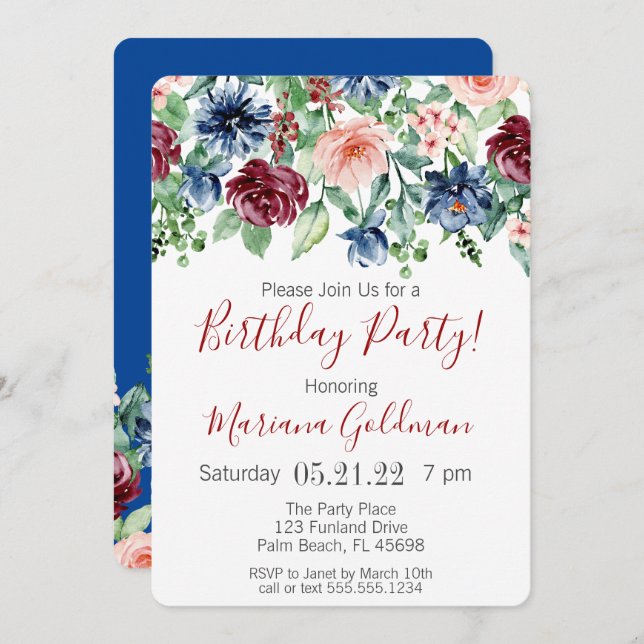 Invitación a la fiesta de cumpleaños floral de Nav (Anverso / Reverso)