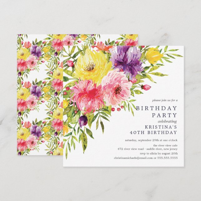 Invitación a la fiesta de cumpleaños floral de Wat (Anverso / Reverso)