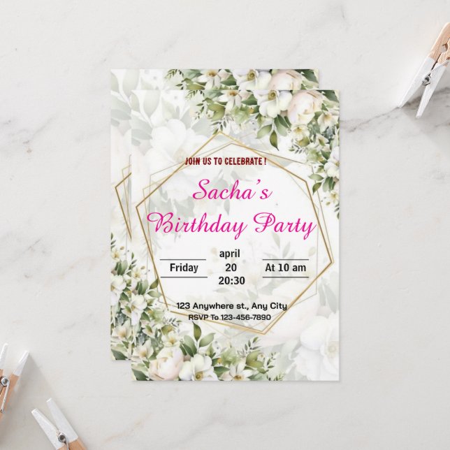 Invitación a la fiesta de cumpleaños floral elegan (Anverso/Reverso In Situ)