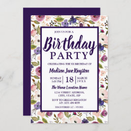 Invitación a la fiesta de cumpleaños floral Morado