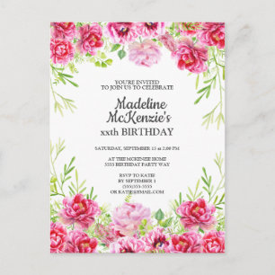 Invitación a la fiesta de cumpleaños floral rosa