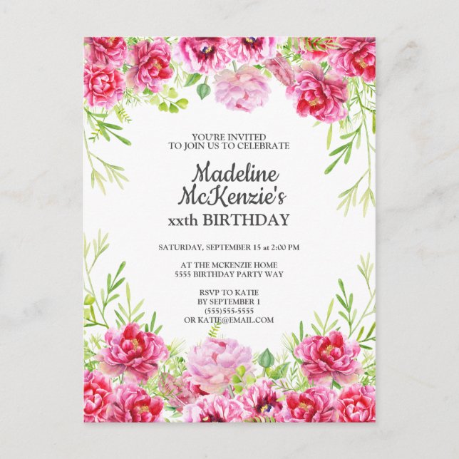 Invitación a la fiesta de cumpleaños floral rosa (Anverso)