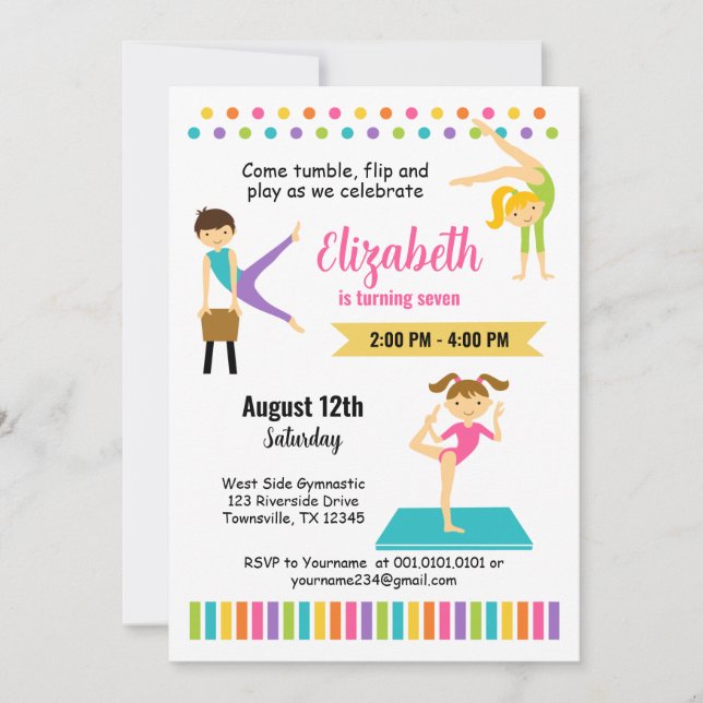 Invitación a la fiesta de cumpleaños gimnástica (Anverso)
