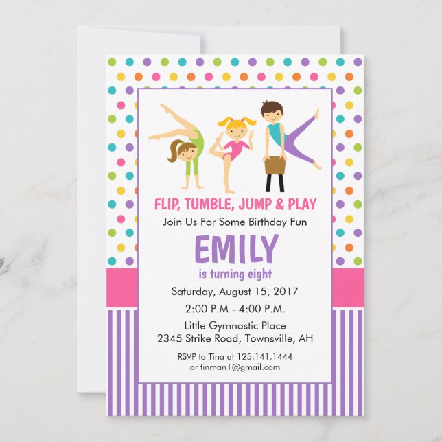 Invitación a la fiesta de cumpleaños gimnástica (Anverso)