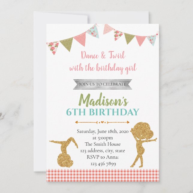 Invitación a la fiesta de cumpleaños gimnástica pu (Anverso)