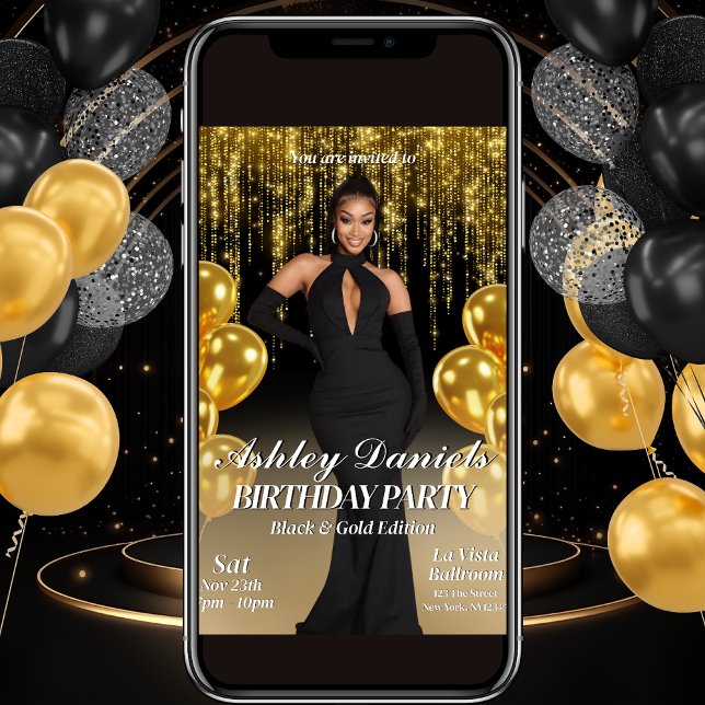Invitación a la fiesta de cumpleaños Glam Black an (Subido por el creador)