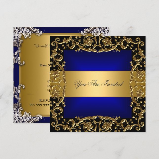 Invitación a la fiesta de cumpleaños Gold Blue (Anverso / Reverso)