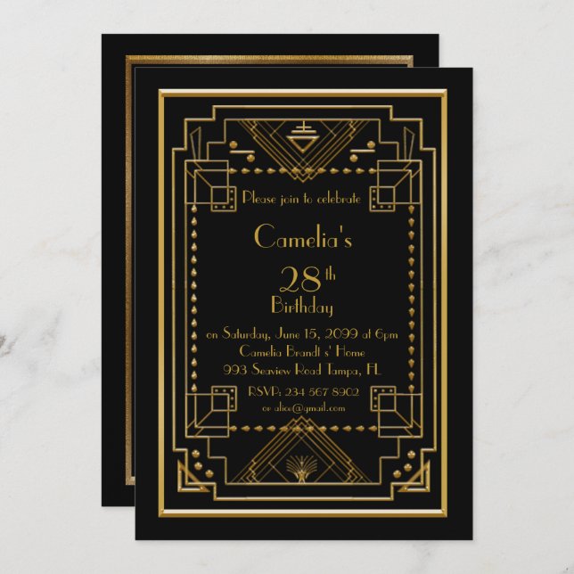 Invitación a la fiesta de cumpleaños, gran Gatsby, (Anverso / Reverso)