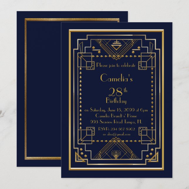 Invitación a la fiesta de cumpleaños, gran Gatsby, (Anverso / Reverso)